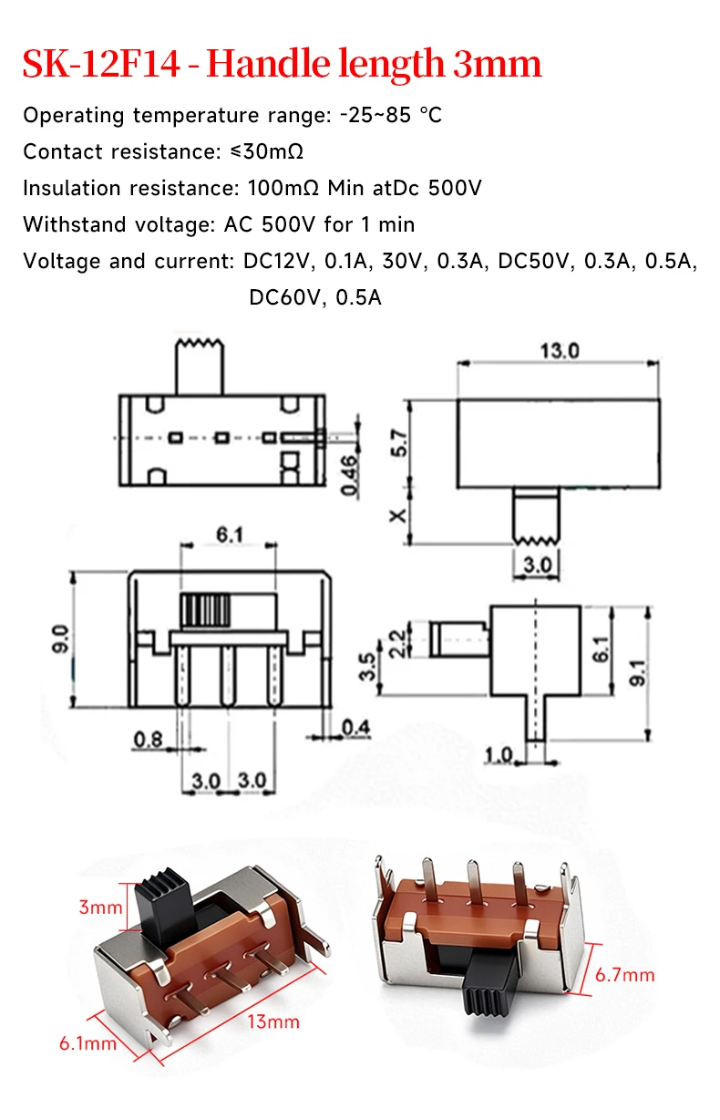 5 Stück SK-12F14 Einreihiger Vertikaler Stromschalter mit 3mm Grifflänge Kipp-/Schiebeschalter für Elektronik – Detail 1