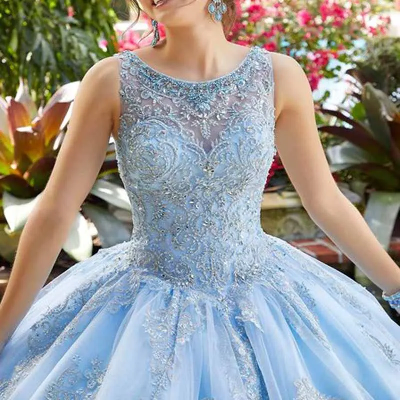 Sky Blue Quinceanera Dress Crew Neck Lace Prom Dress Beaded Sequin Open Back Sweet Princess Dress Party Show Dress