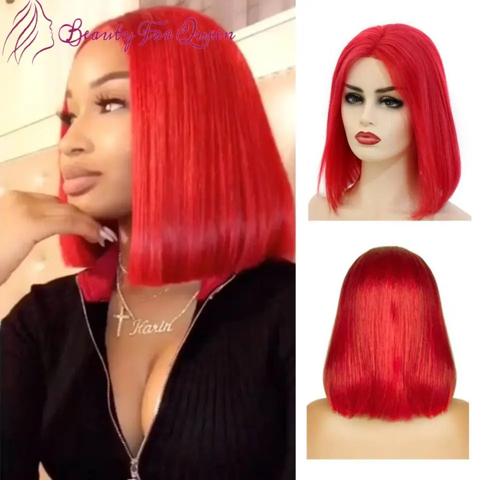 

High Quality Red Straight Short Bob 13x4 200 Density Transparent Lace Frontal Wigs Brazilian Colored Human Hair Wig For Women