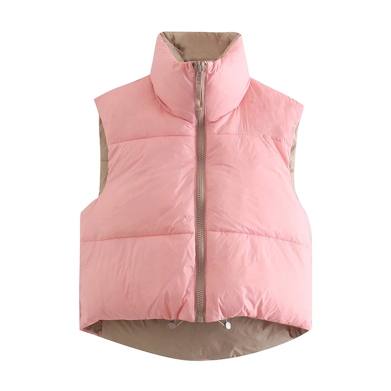 

Women's pink high-neck zip-up down vest, reversible, warm and fashionable winter jacket