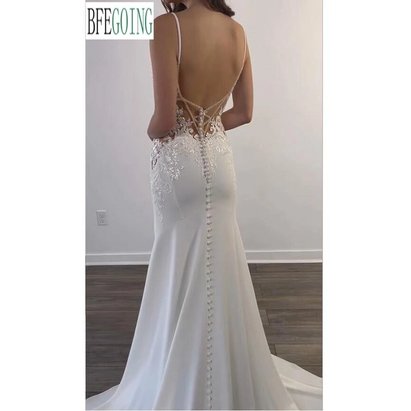 Vestido de novia de satén con tirantes finos, prenda de novia con cuello en V, cola, hecho a medida