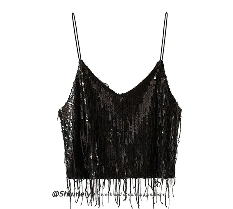 

Сексуальный блестящий топ с V-образным вырезом и пайетками для женщин, без рукавов, с бахромой, для ночных клубов и выступлений