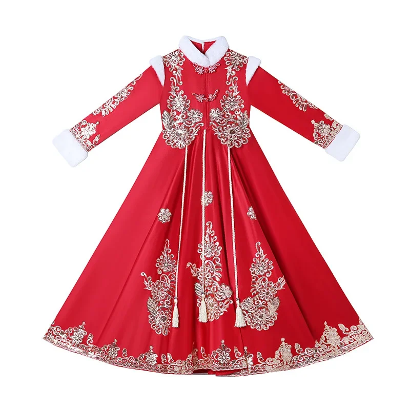 

Girls Red Chinese New Year Clothing Children Winter Tang Suit Cheongsam Flower Girl Dress Ancient Princess Hanfu Costume Kids