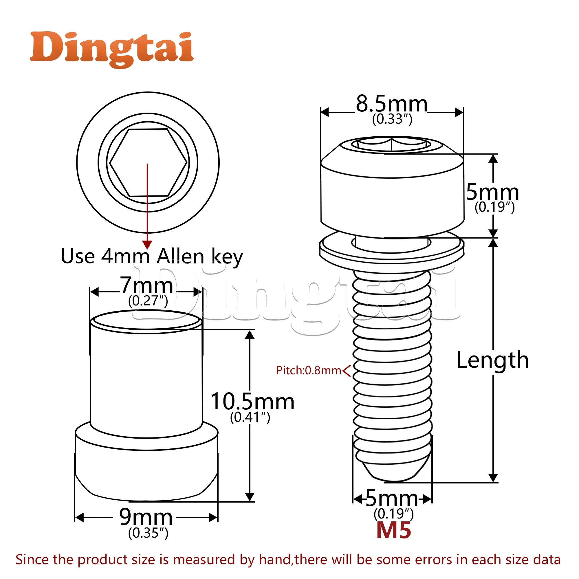 Dingtai Titanium Bolt 2PCS M5x16 18 20mmHex Key Head Washer Screws + M5 Titanium Nut for 3t Carbon Fiber Fork Lock