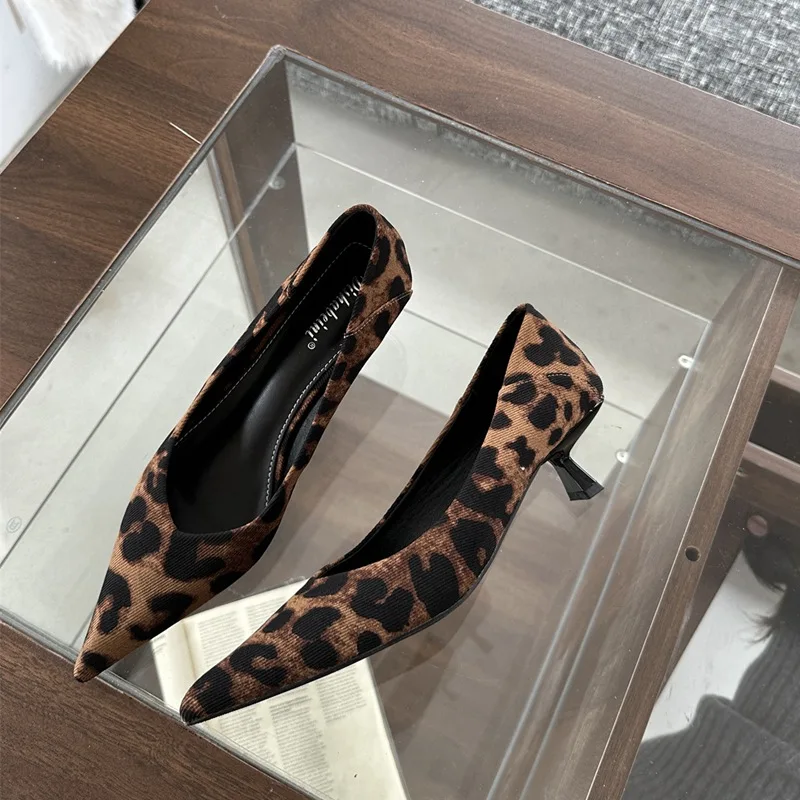 Fashion Brand Leopard Print Pumps Low Heel Shoes Women Pointed Toe Shallow Dress Elegant Ladies Office Shoes Female Loafer Mujer