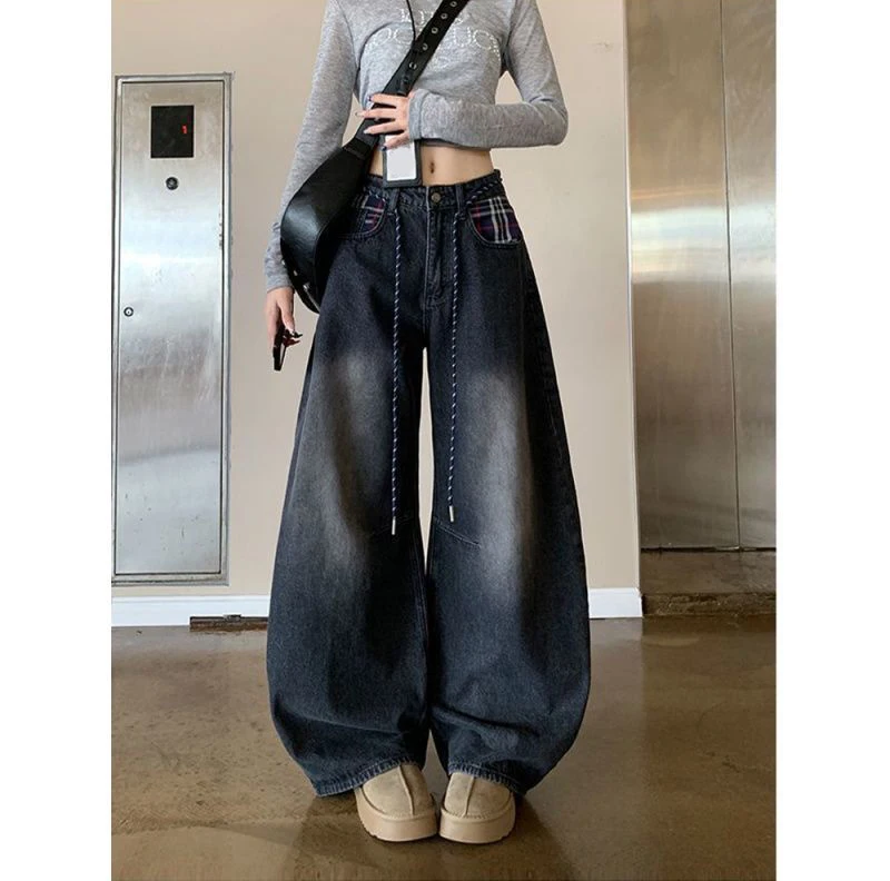 American Plaid Patchwork Jeans Women Vintage Streetwear Lace Up Autumn Wide Leg Jeans Retro High Waist Loose All Match Pants New