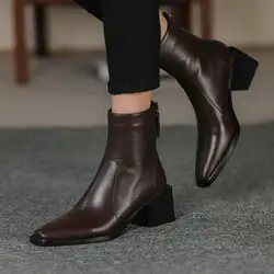 Krazing Pot krowa skórzane szpilki kwadratowym noskiem buty zimowe Chelsea Boots solidne buty za kostkę na zamek błyskawiczny