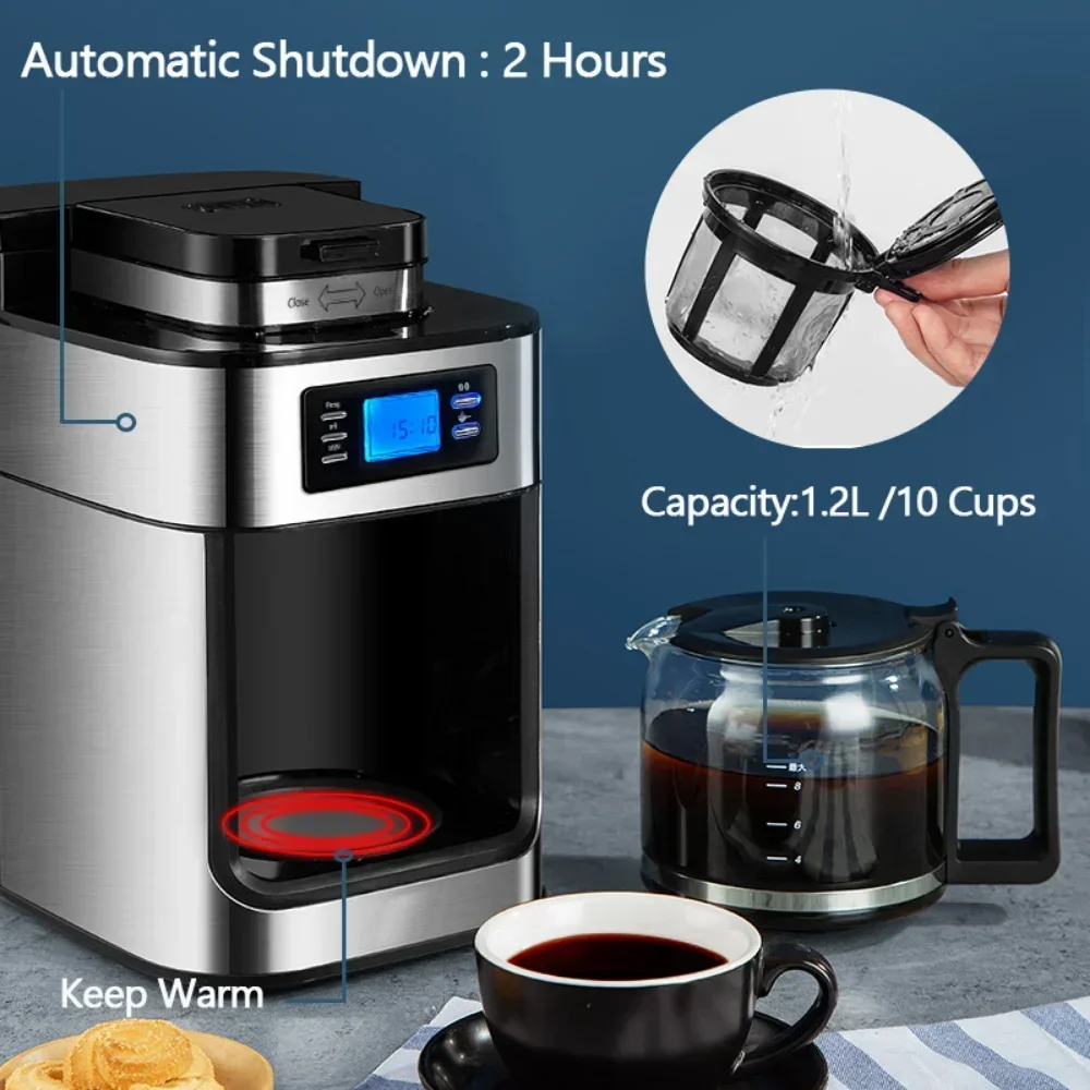 2 In1 Coffee Maker Kitchen Automatic Coffee Machines Drip LED-Display Electric Bean Grinder Keep Warm Home Appliance