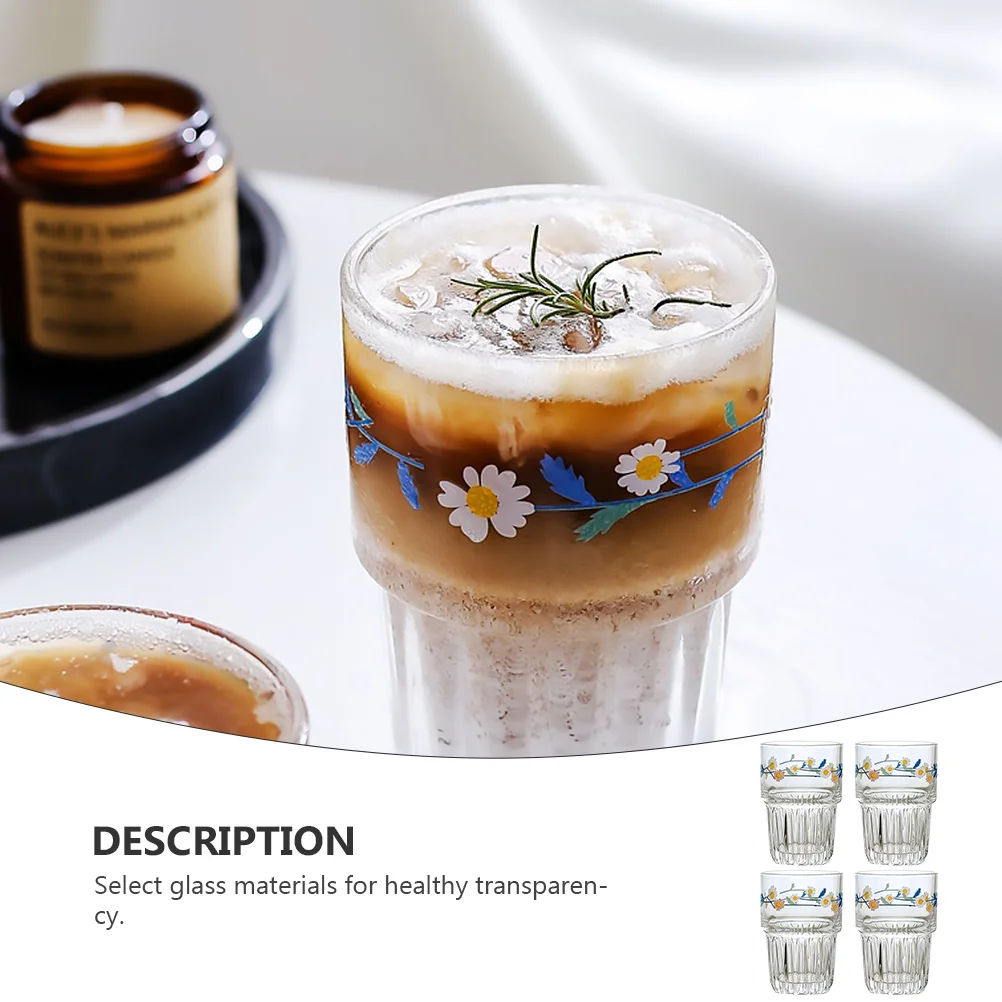 

4Pcs Premium Pastoral Style Glass Cup Daisy Design Retro Beverage Cups for Juice Milk Tea Party Banquet Cups Drinking Cup