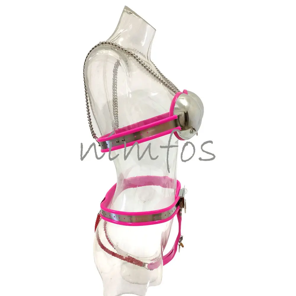 Feminino aço inoxidável Chastity Belt dispositivo com sutiã, coxa acessórios completos, brinquedos sexuais para as mulheres