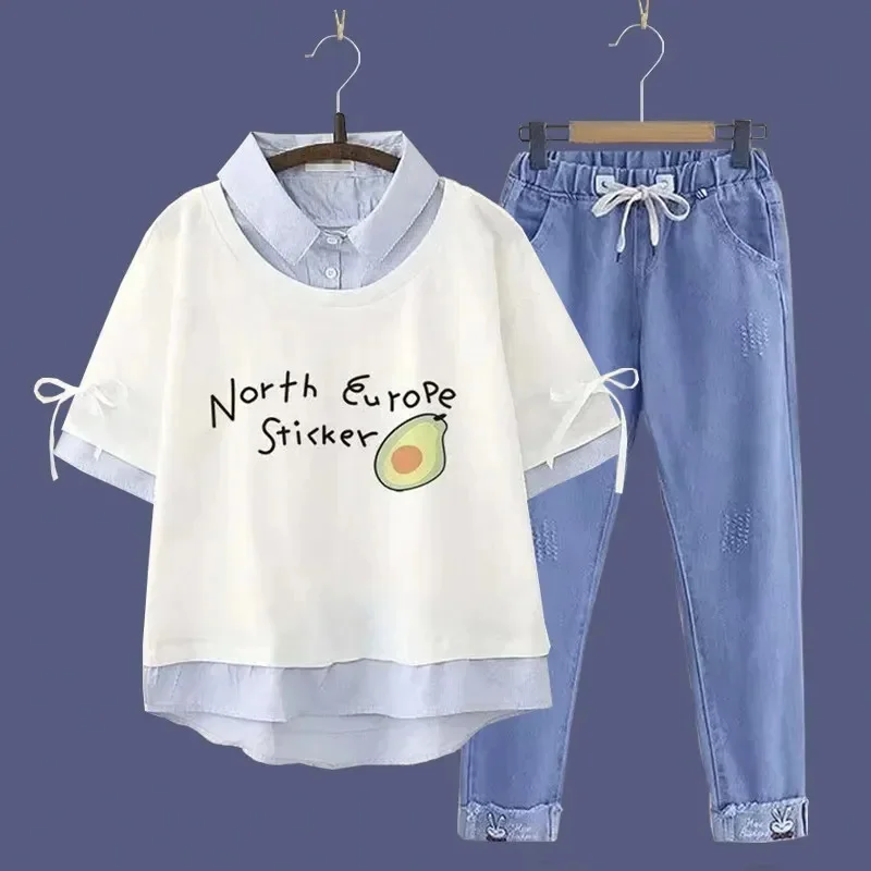 2 Pieces Anime Kid Clothing Autumn Girls Summer Short Sleeve T Shirt + Decoration Jeans Teen Outfit Sets 7-18 Years