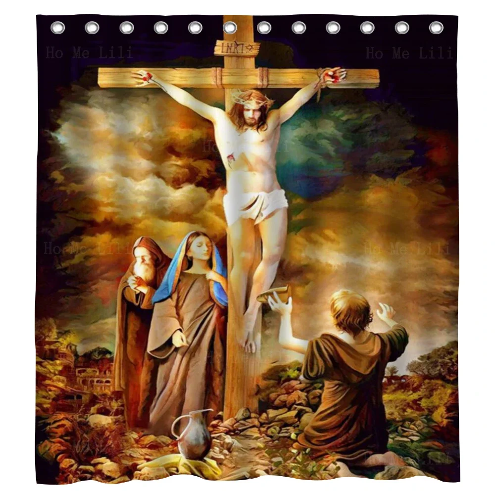 Rideau de douche Jésus Resté, Fils de Dieu sur la croix, DivisMarkets, Amour du Christ, Art chrétien, Ho Me Can I, Décor de bain