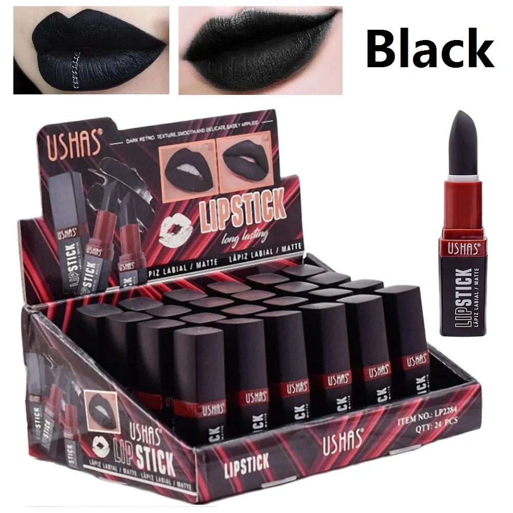 24Pcs/Lot Black Color Matte Lipstick Halloween Cosplay Lip Pigment Makeup Waterproof Long Lasting Velvet Lip Stick Cosmetic