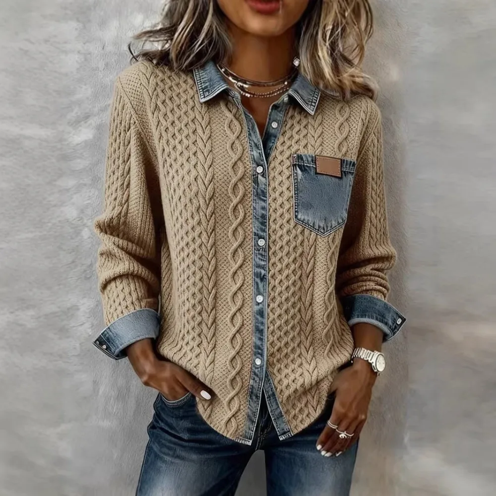 

Женская вязаная джинсовая рубашка-куртка в винтажном стиле, однобортная, с отложным воротником, карманами, эффектом потертости, модель 2026, для офиса, топ-жакет