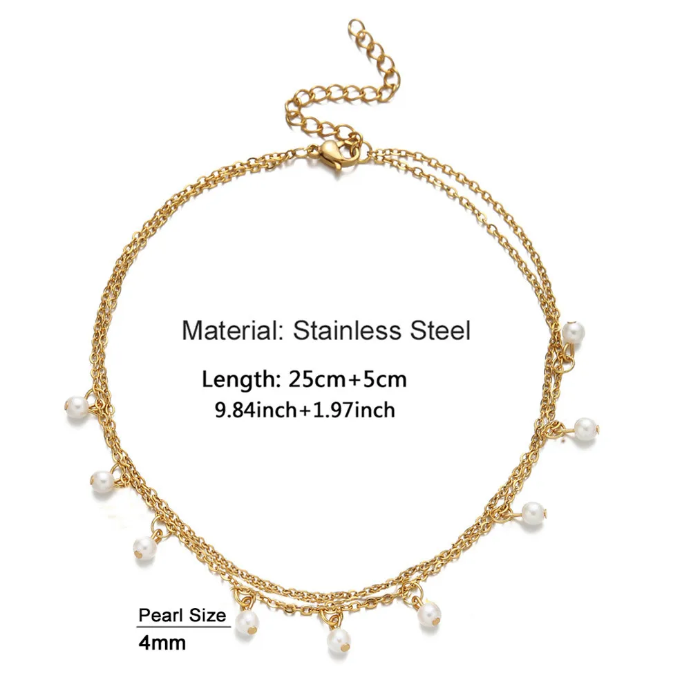 Multilayer Stainess Steel Foot Chain Tassel Fuax Pearl Anklet For Woman Girls Leg Chain Beach Foot Jewelry Gifts