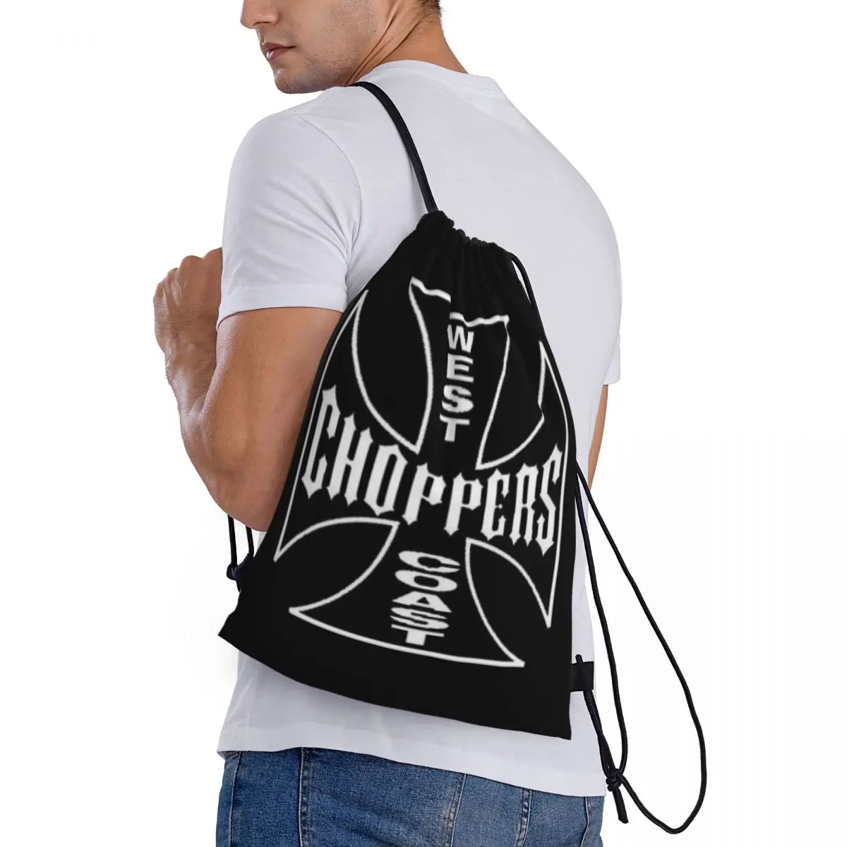 Custom West Coast Iron Cross Choppers Drawstring Backpack Bags Women Men Lightweight Gym Sports Sackpack Sacks for Shopping