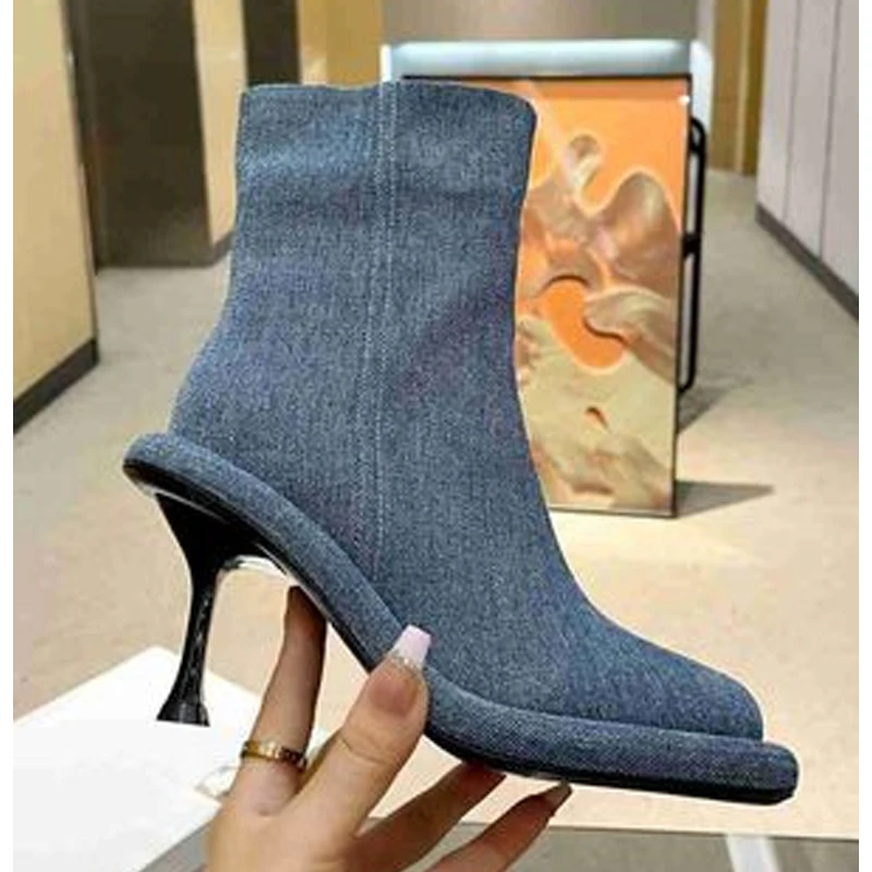 

Blue Denim Round Toe Side Zipper Stilettos Ankle Boots Woman Winter 2026 Fashion Black Platform High Heel Short Boots Grey Shoes