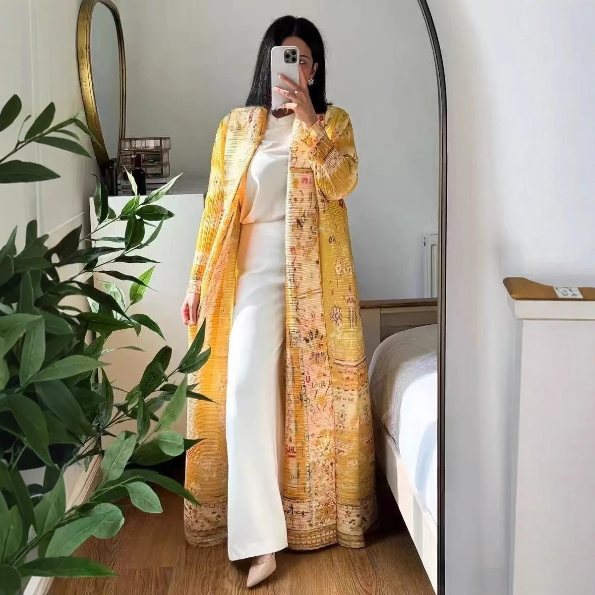 Miyake-gabardina estampada a la moda para mujer, cárdigan Premium con solapa en la cintura, cárdigan de manga larga, Chaqueta larga plisada