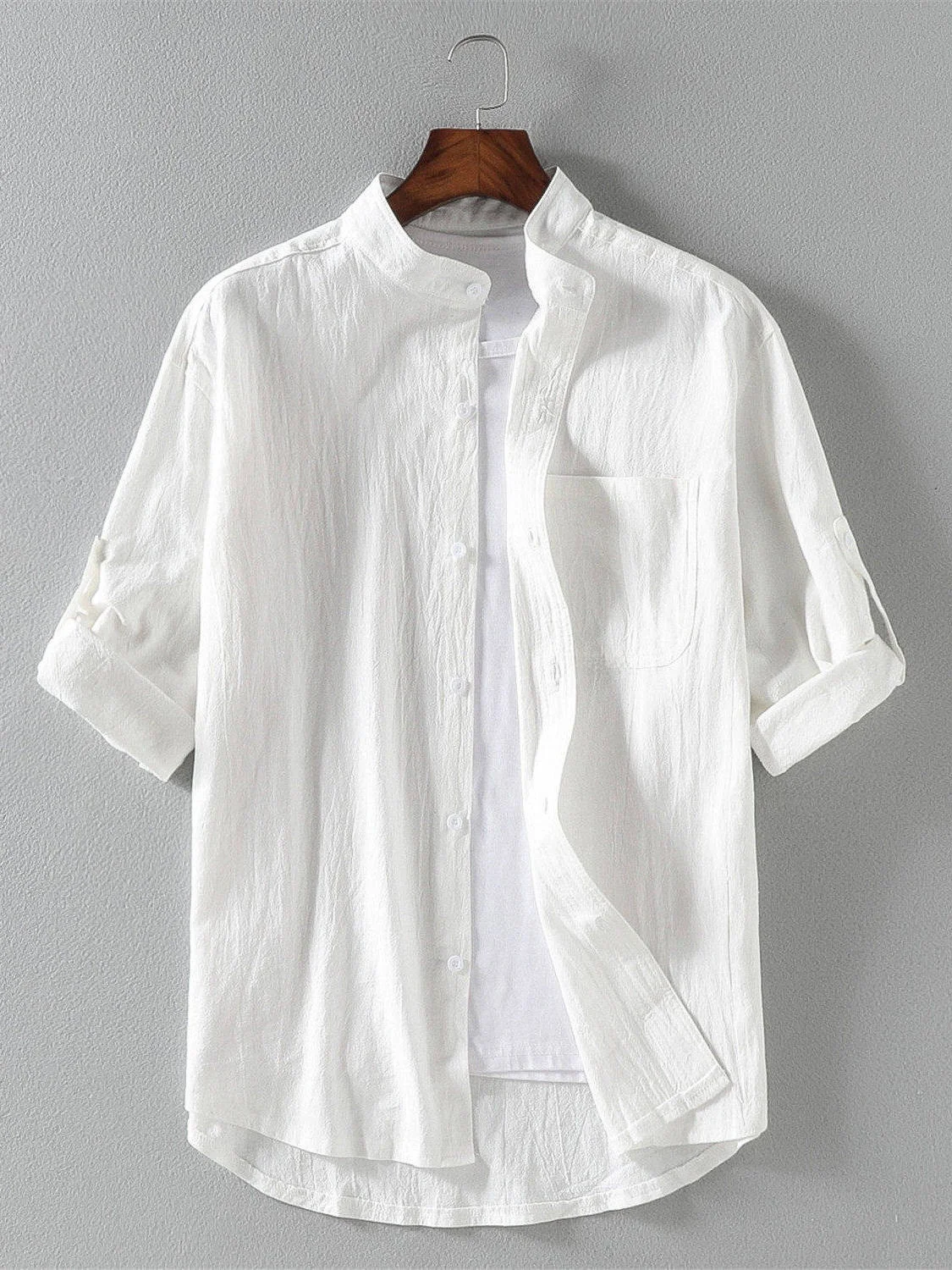 

Summer Men's Shirt Half Sleeve Casual Thin Cotton Linen Stand Collar Korean Style Loose Fit Youth Fashion Inner Wear 3D Effect