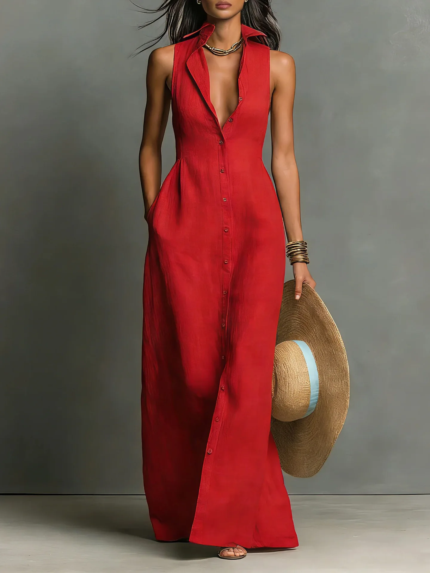 Elegante Vestido Camisero con Solapa para Mujer, Nuevo, Ajustado, con Cuello Vuelto, Sin Mangas, Vestido Casual de Verano para Fiesta