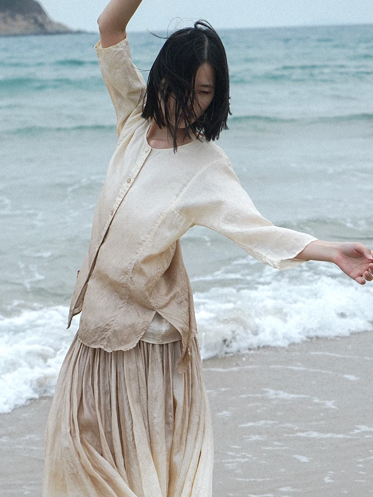 

Женская свободная блузка из шелка с натуральными растительными красителями, оригинальный дизайн, весна-лето, дышащая, тонкая, с рукавом 3/4