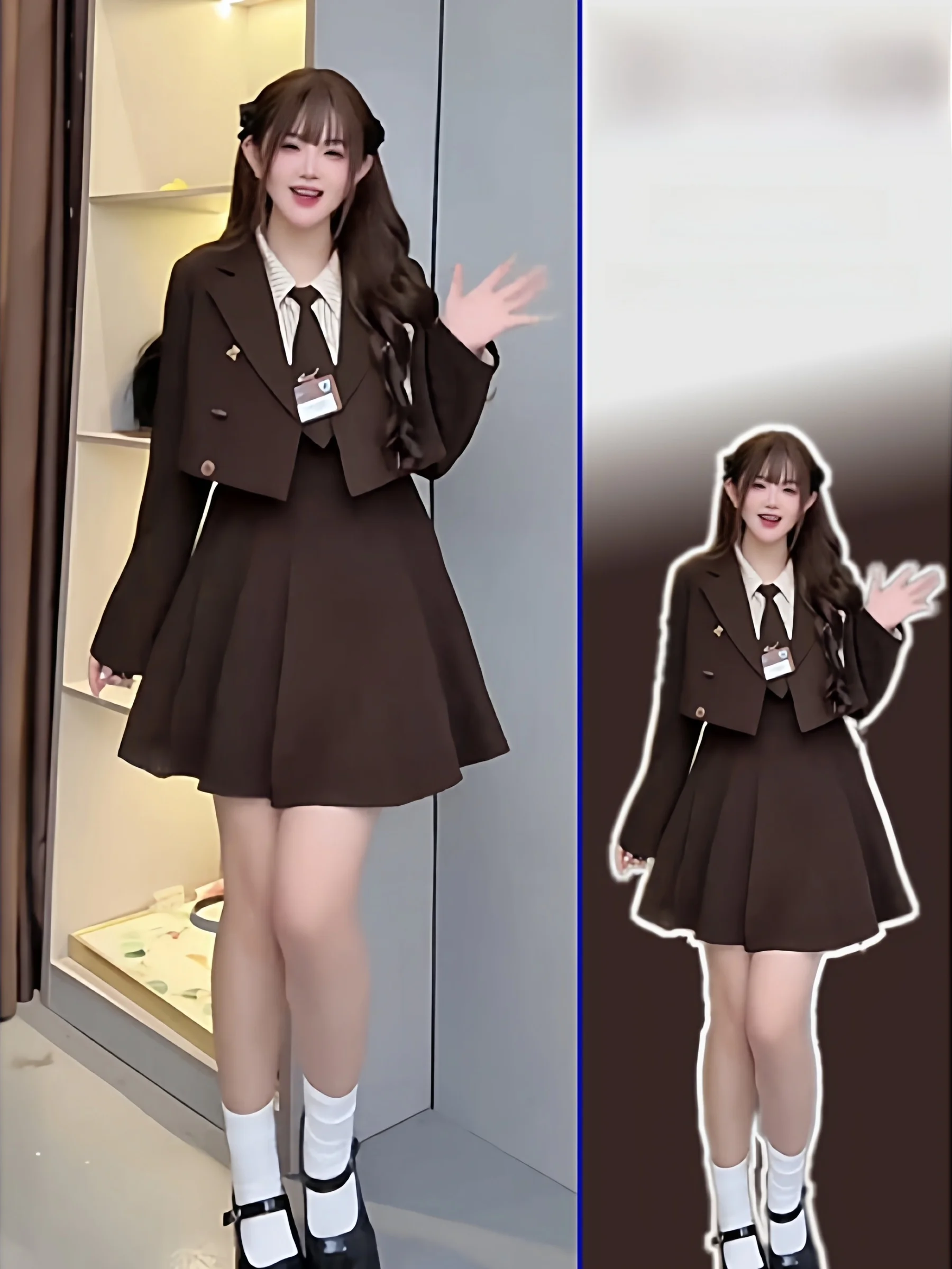 

plus Size Vintage Coffee Color Suit Jaet Spring New Sle Slimming Meat Covering False Two-Piece Dr Set Women's Faion