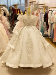 Jill Wish Luxury Arabic White Girl Quinceanera Dresses Beaded Pearls Dubai Princess Gown for Kids Birthday Wedding Party J095