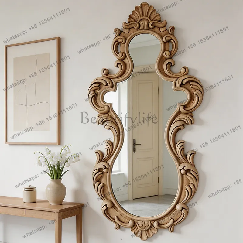 French retro carved art wall-mounted mirror court rococo relief special-shaped entrance living room bedroom decorative mirror