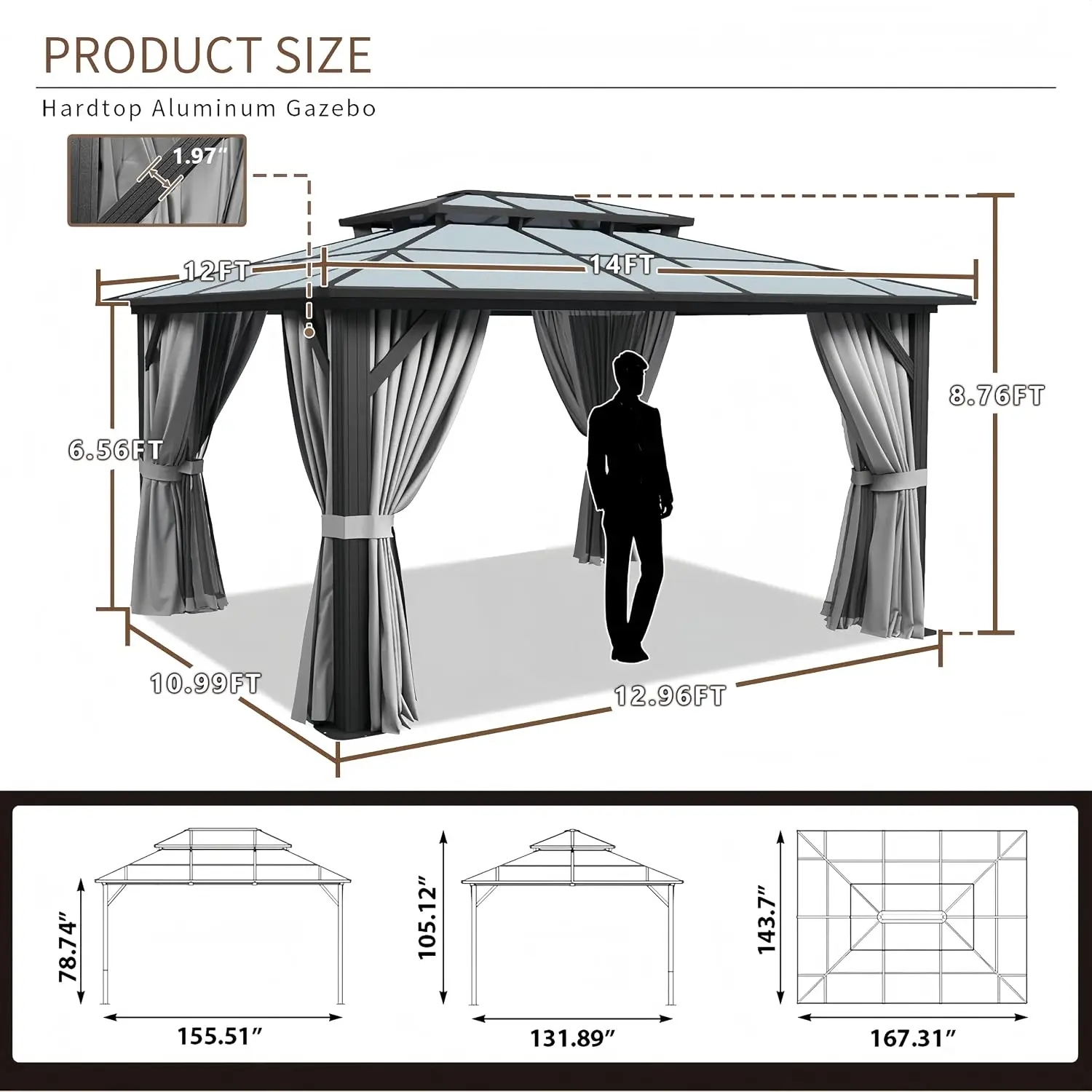 12’x14’ Hardtop Gazebo with Double Polycarbonate Roof Outdoor Metal Gazebo Sturdy Aluminum Frame & Removable, Customized