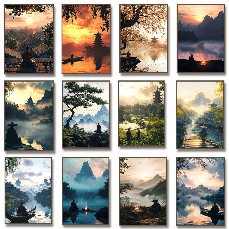 Tranquil Asian Landscape Zen Meditation By The River Japanese Temple Poster Canvas Painting Wall Art Pictures Home Decor