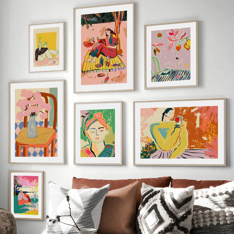 Abstract Woman Vintage Posters Canvas Painting Picnic coffee vase Wall Art Print Pictures Living Room Modern Interior Home Decor