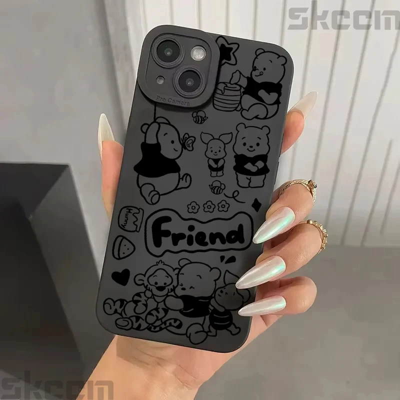 Black Winnie the Pooh Pattern Phone Case For iPhone 16 Pro Max 15 14 13 12 11 XS XR X 7 8 15 16 Plus Shockproof Soft Cover