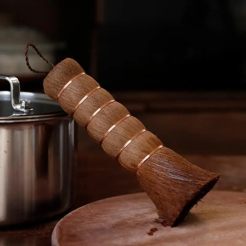 1/2PCS Natural Pot Brush Coconut Brown Long Handle Non-stick Oil Washing Pan Brushs Kitchen Hang Type Wok Dish Cleaning Brush