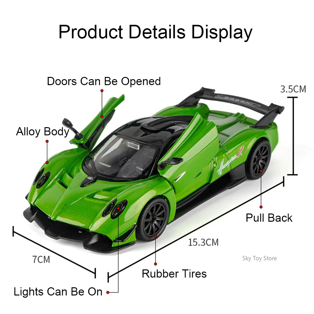 Pagani Huayra R aleación BC, modelos fundidos a presión, juguetes, puertas de coche, sonido abierto, luz, vehículos en miniatura, adornos para coleccionar, 1:32