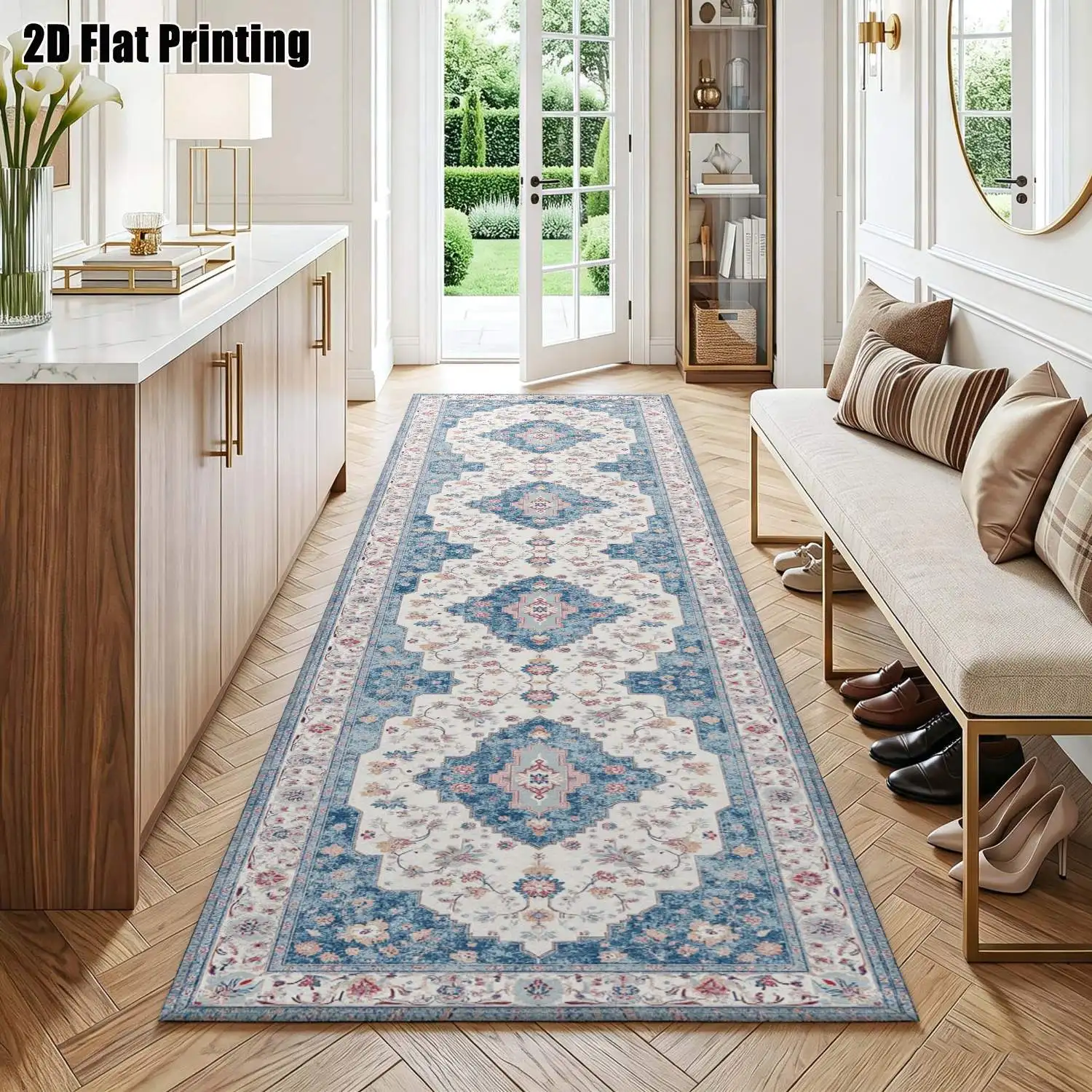 1Pc 2D Printed Long Strip Runner Carpet: Blue White Geometric Pattern, European Retro Style, Machine Washable, Multi-Size, for Entrance, Corridor, Living Room, Bedroom Home Decor