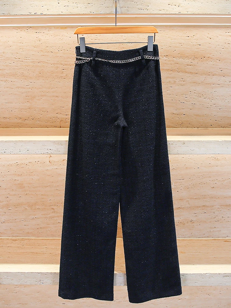 กางเกงขายาวทรงขากว้างสไตล์ลำลองสำหรับผู้หญิง ดีไซน์โซ่ ผ้าขนสัตว์ผสมโพลีเอสเตอร์ ให้ความรู้สึกพรีเมียม รุ่น M Home Nan You