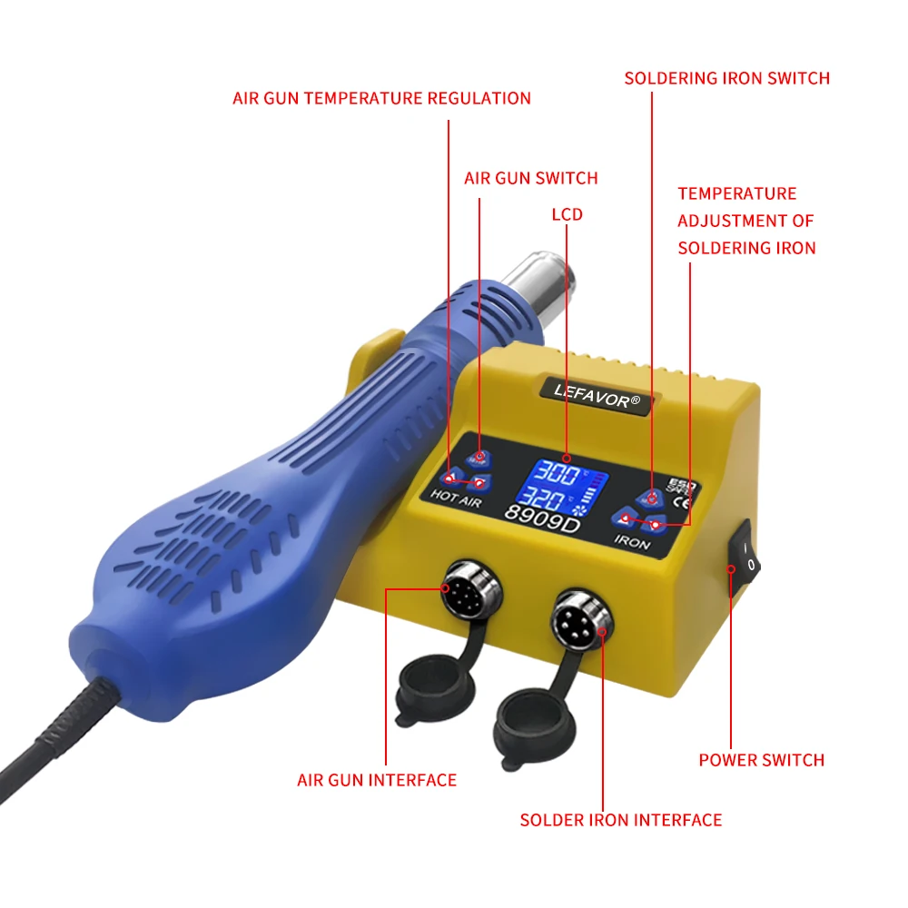 LF8909D 2 in 1 soldering station Hot Air Gun Electric Soldering Iron BGA Repair Tool 9 Nozzles SMD BGA Rework Welding Station