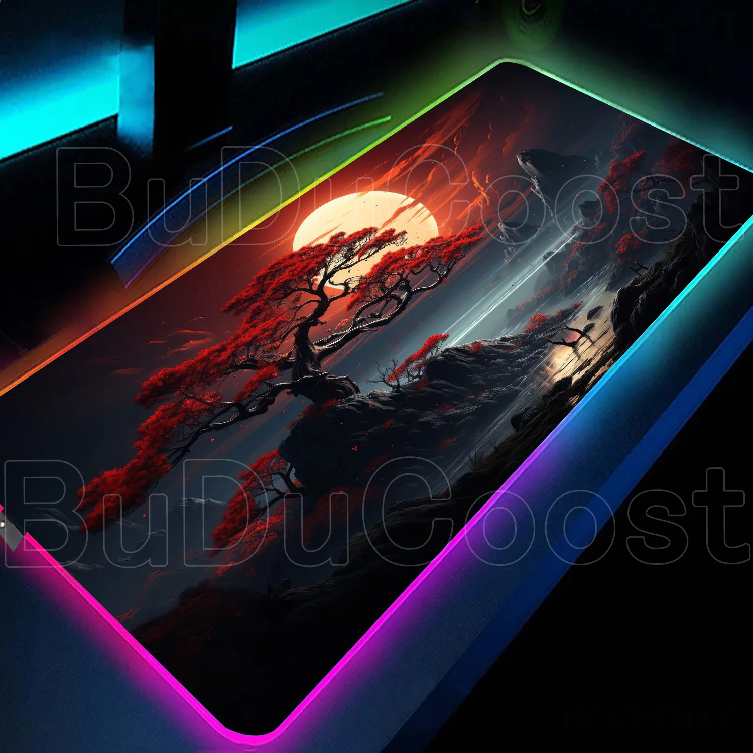 LED Game Table Mat Anime Style and Dreamy Mountain Scenery RGB Mouse Pad with Backlit Color Anti Slip Rubber Mouse Pad Table Mat