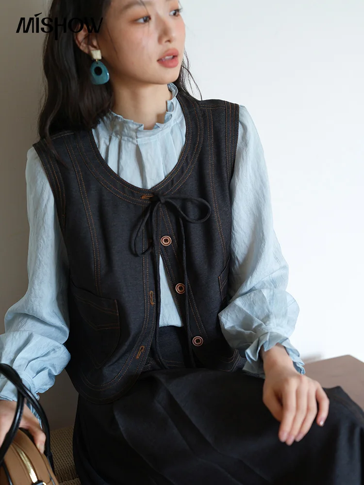 MISHOW Deep Blue Imitation Denim Vest Coat 2025 Autumn Round Neck Lace-up Coat Contrasting Button Single Breasted Top MXE41W0797