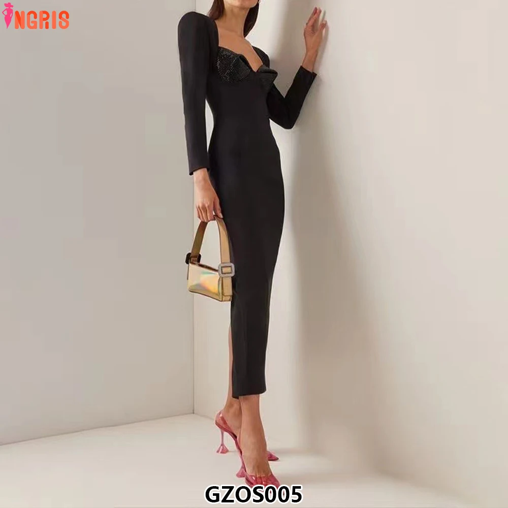 

High Split Sexy Dress Solid Bodycon Maxi Dress Bandage Dresses for Women Long Sleeve-GZOS005