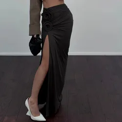 3D Flower Decoration Women Slit Skirt Y2K Sexy High Waist Folds Slim Ladies Midi Skirt Spring New Elegant Party Night Long Skirt
