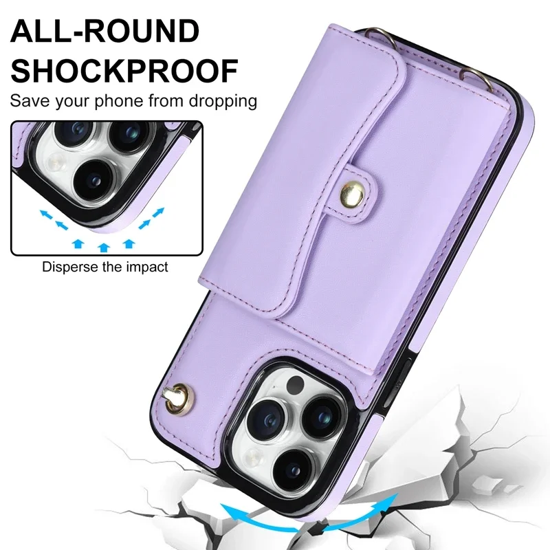 Wallet Case For iPhone 16 Pro Max 15 Plus 14 13 Mini 12 11 SE3/2022 SE2/2020 XS XR 8 7 Diagonal Strap With Bracket Leather Cover