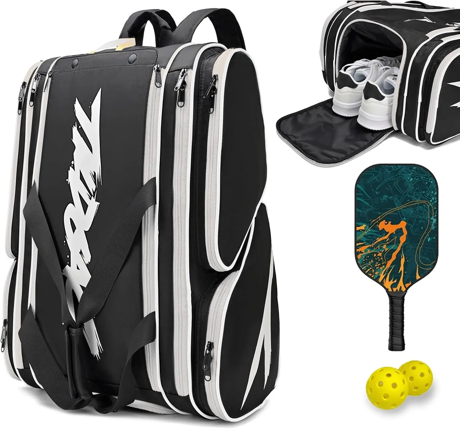 

Large Pickleball Bag for 4 Paddles with Fence Hook, Extra Pockets & Shoe Compartment