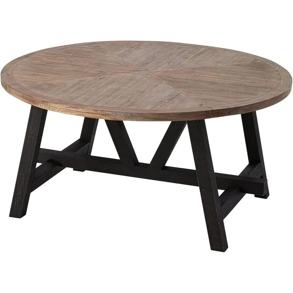 

Geometric Base Rustic Farmhouse Round Coffee Table, French Country Style Accent for Family Dining & Living Spaces