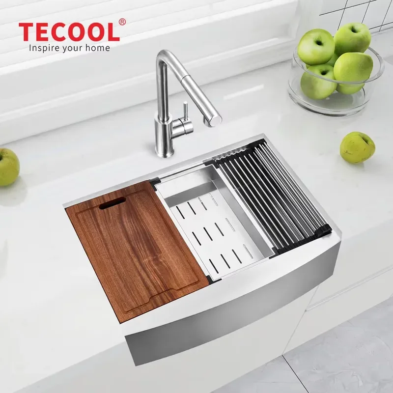 Tecool Modern Kitchen Sink 55*76cm Stainless Steel 18 Gauge Single Bowl Apron Front Basin Corner 5 Year Warranty