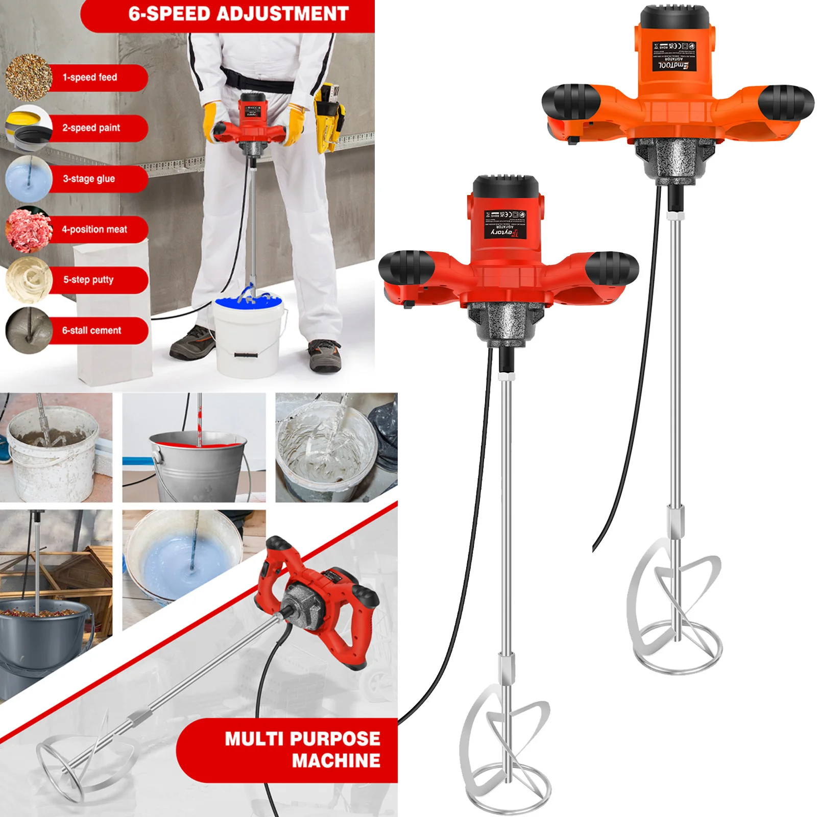 DayPlus 2600W Handheld Concrete Mixer Machine Paddle Mixer Adjustable 6 Speed Stirrer Electric Mix Stirring Tool M14 Mixing Rod