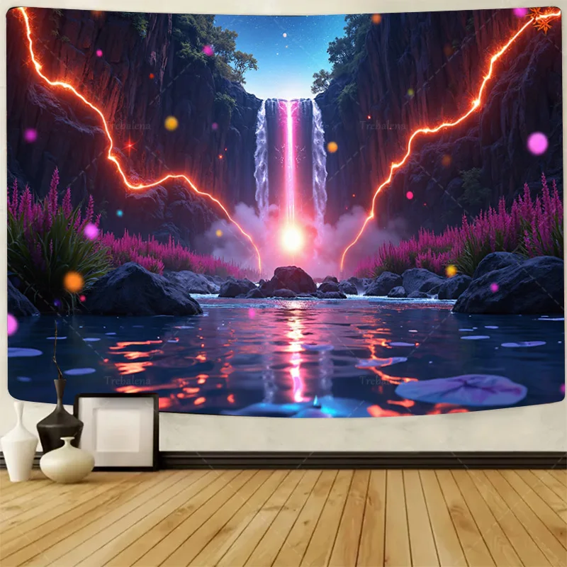 

1шт настенный гобелен "Футуристический гобелен с водопадом" - неоновые огни и горная сцена"