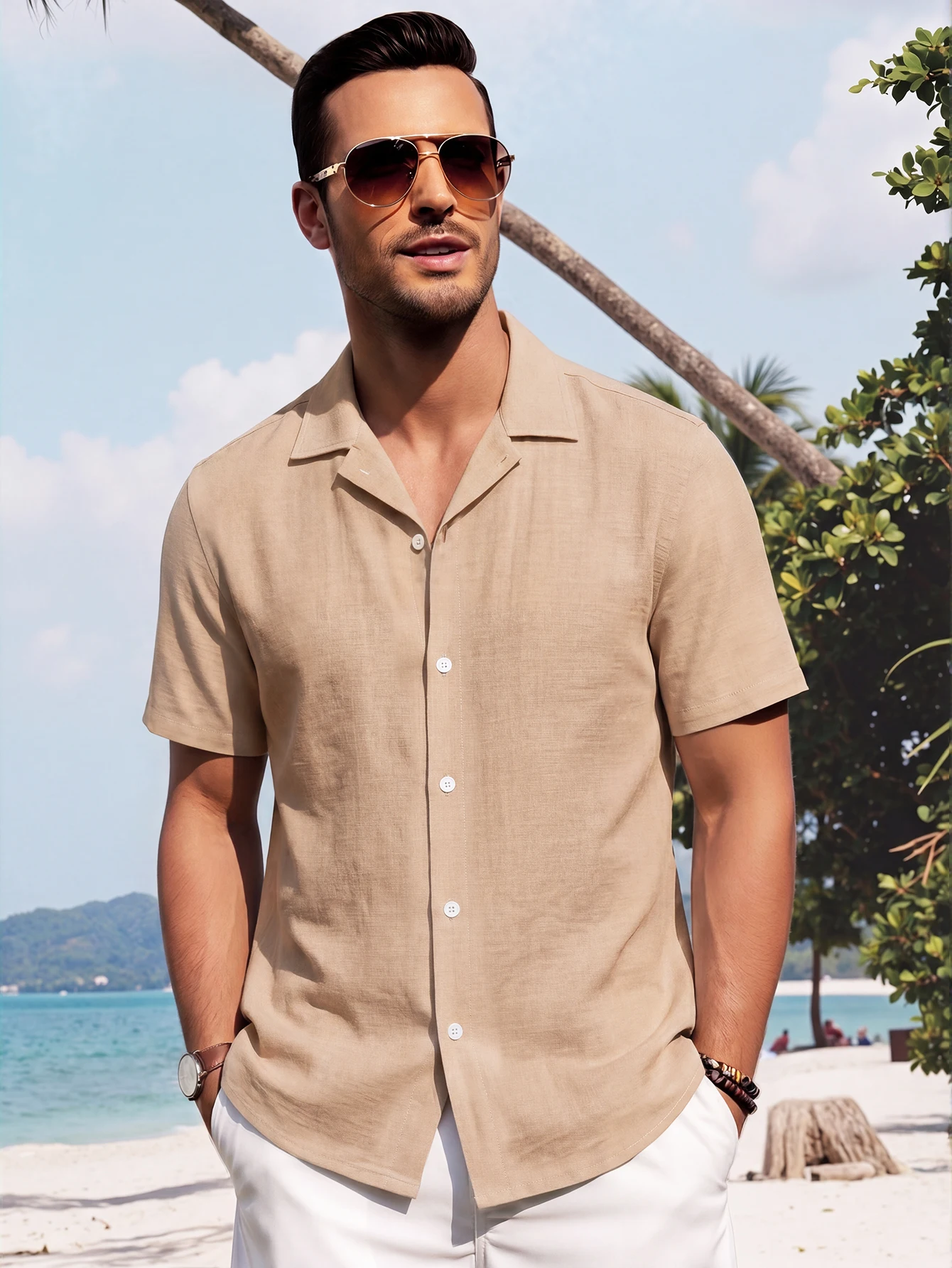 2026 New Cotton Linen Hot Sale Men's Long-Sleeved Shirts Summer Solid Color Stand-Up Collar Casual Beach Style Plus Size