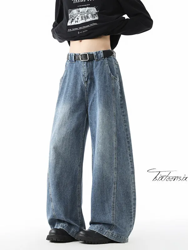 

TANGZ Studio Men's High Street Wide Leg Jeans Straight Cut Thiened Casual Long Trousers American Sle Loose Fit Jeans