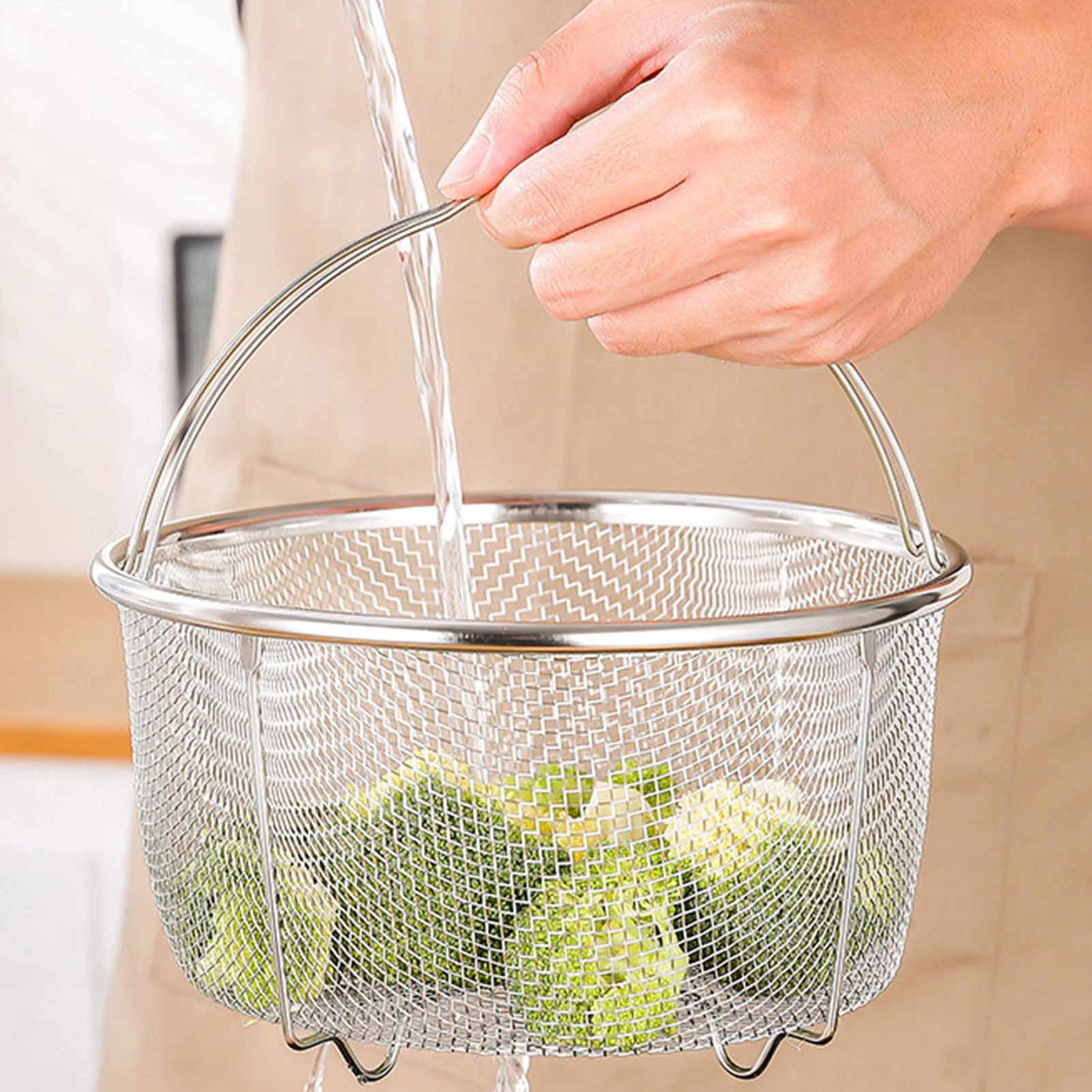 Stainless Steel Mesh Steaming Basket Quick Steam Circulation with Cool Touch Handles for Healthy Vegetables Seafood